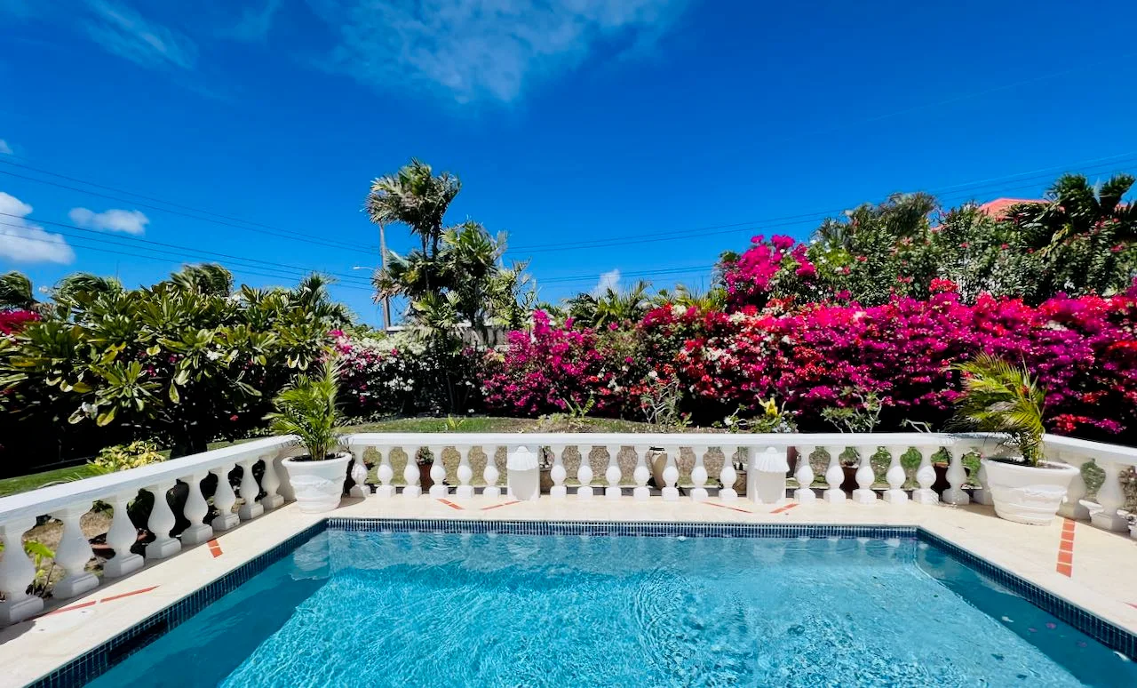 The pool with a hedge of bright pink bougainvillea behind the balustrade